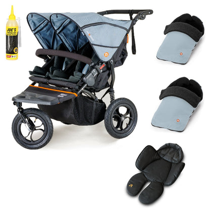 Out N About double nipper in rocksalt grey with 2 footmuffs and 1 newborn insert.