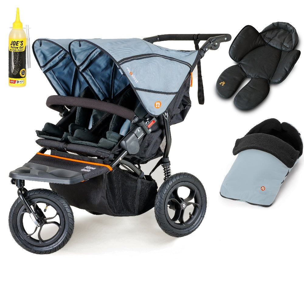 Out N About double nipper in rocksalt grey with 1 footmuff and 1 newborn insert.