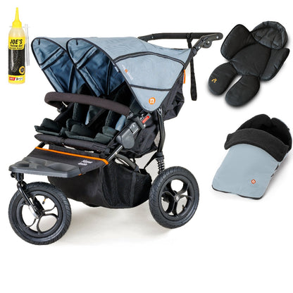 Out N About double nipper in rocksalt grey with 1 footmuff and 1 newborn insert.