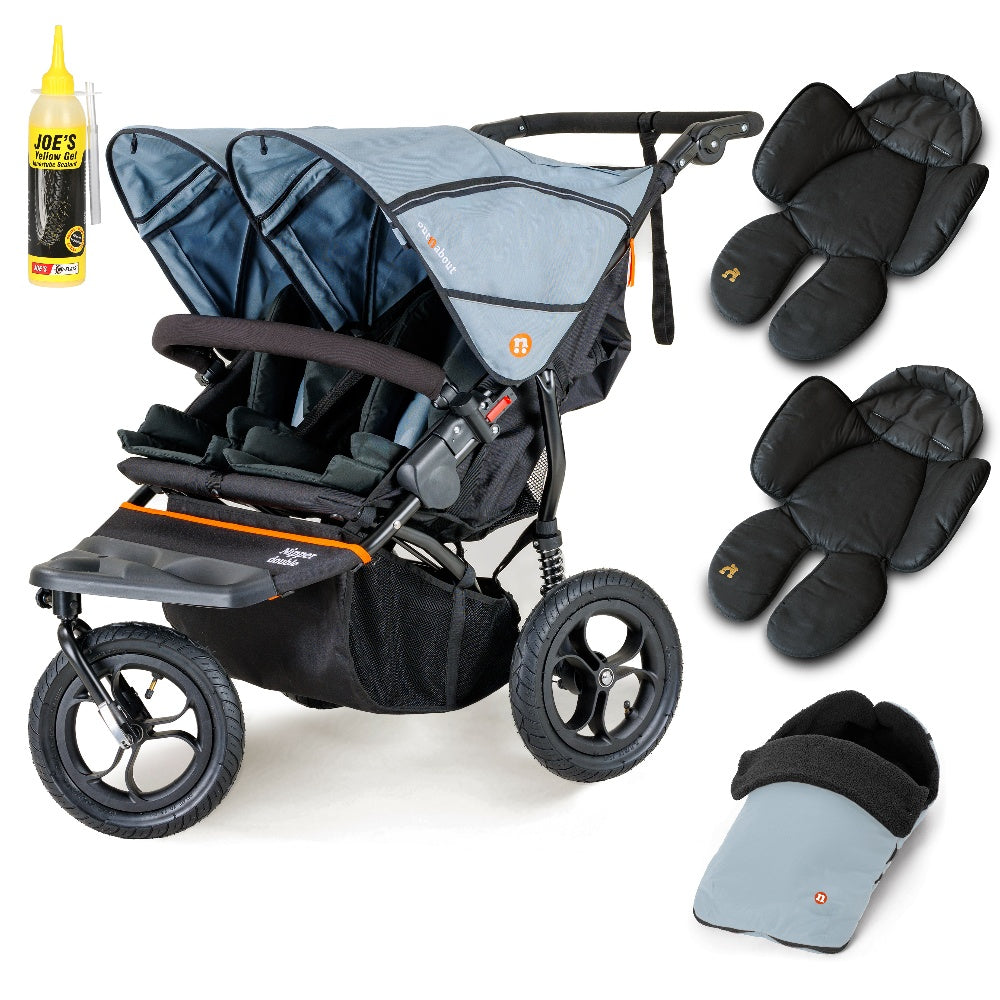 Out N About double nipper in rocksalt grey with 1 footmuff and 2 newborn inserts.