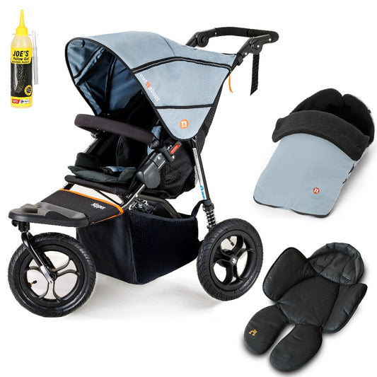 Out N About single nipper in rocksalt grey with footmuff and newborn insert.
