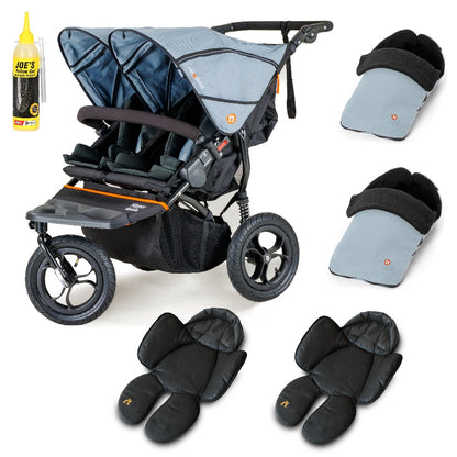 Out N About double nipper in rocksalt grey with 2 footmuffs and 2 newborn inserts.
