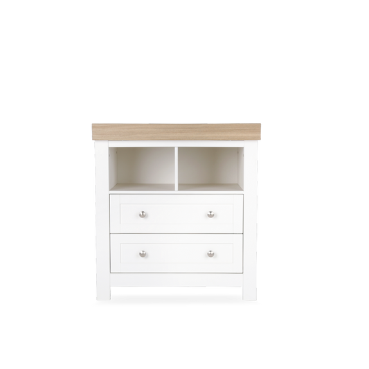 CuddleCo Burford dresser with 2 drawers and a changing top, in white colour with oak trim.