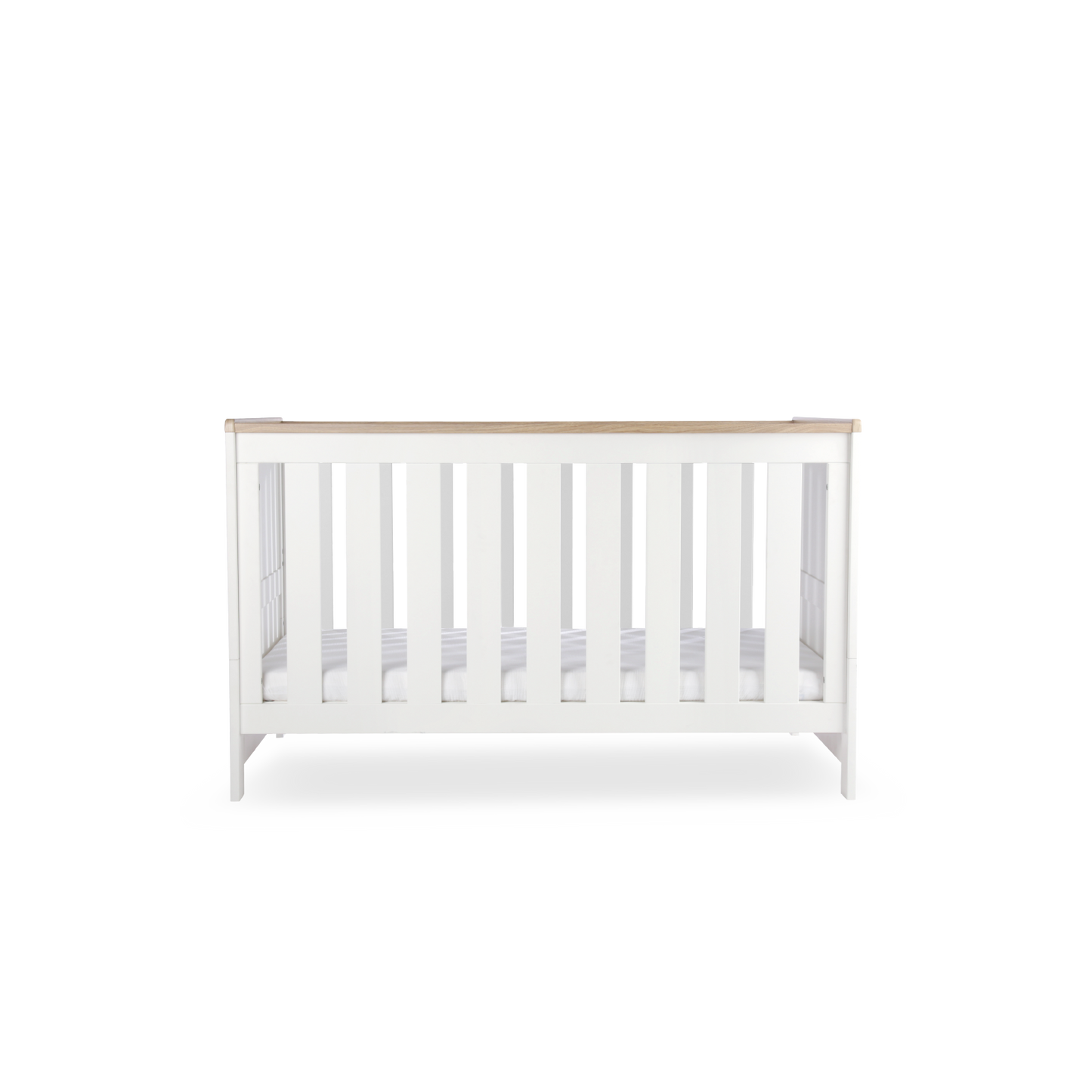 CuddleCo Burford cot bed in white with oak trim. Mattress not included.