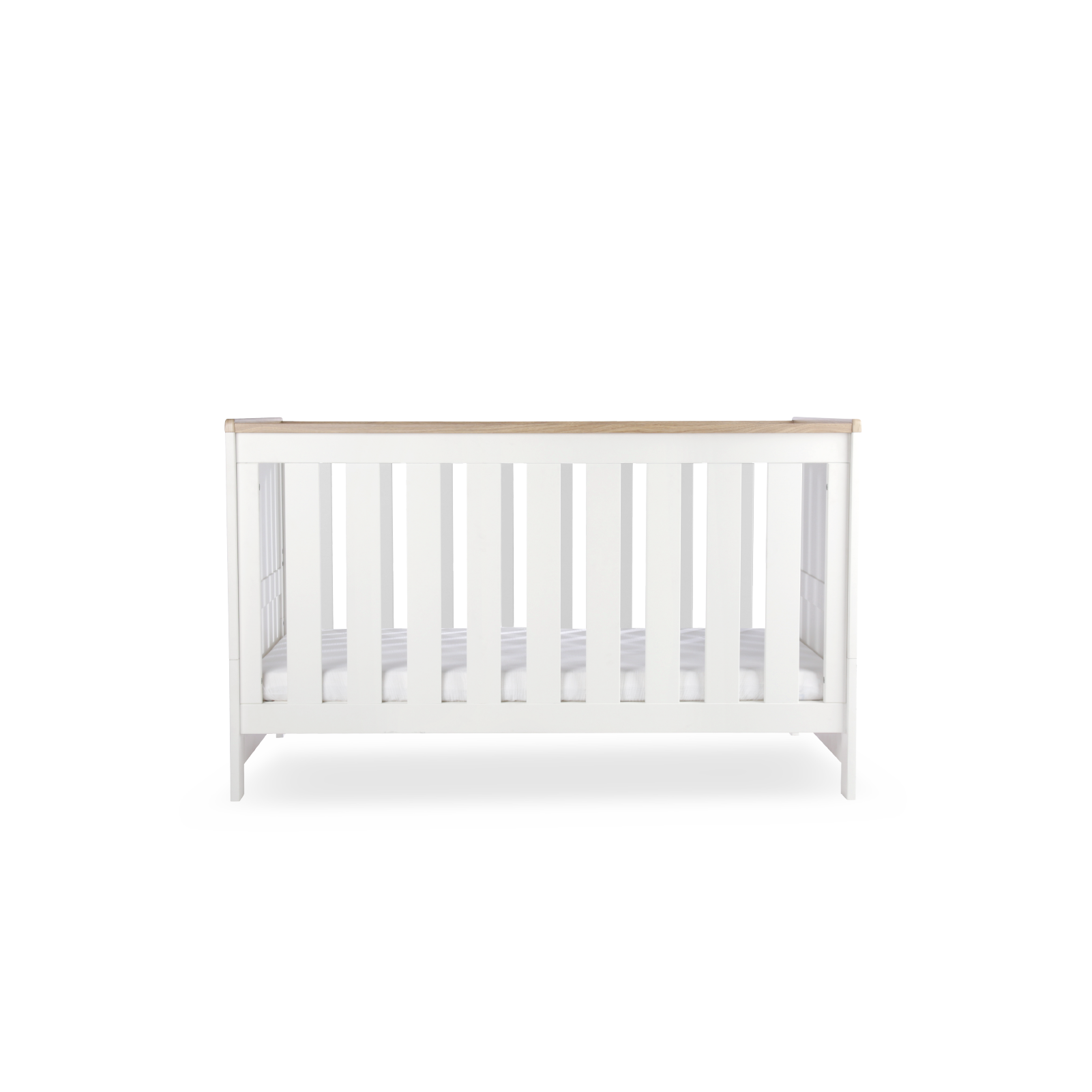 CuddleCo Burford cot bed in white with oak trim. Mattress not included.