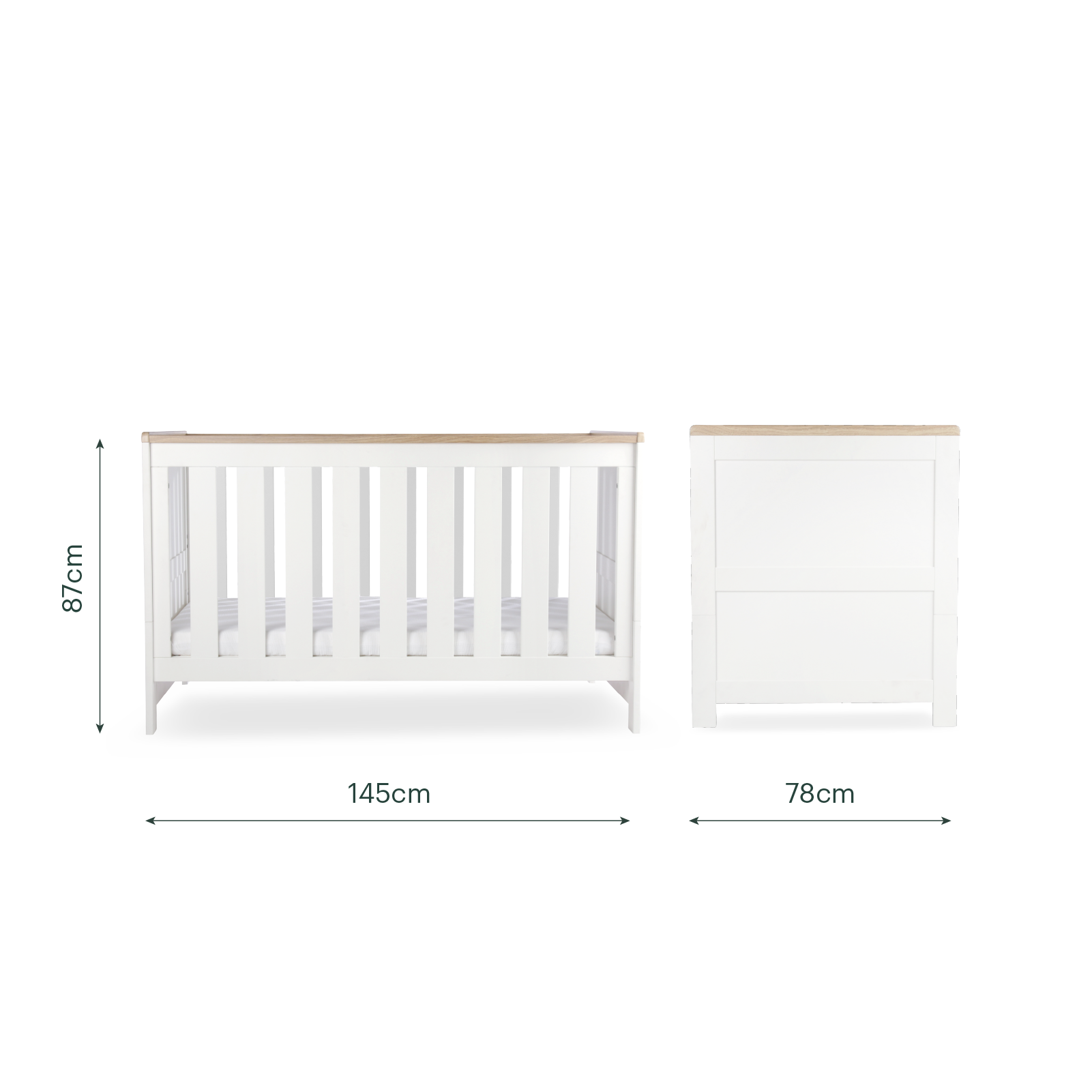 CuddleCo Burford cot bed in white with oak trim.