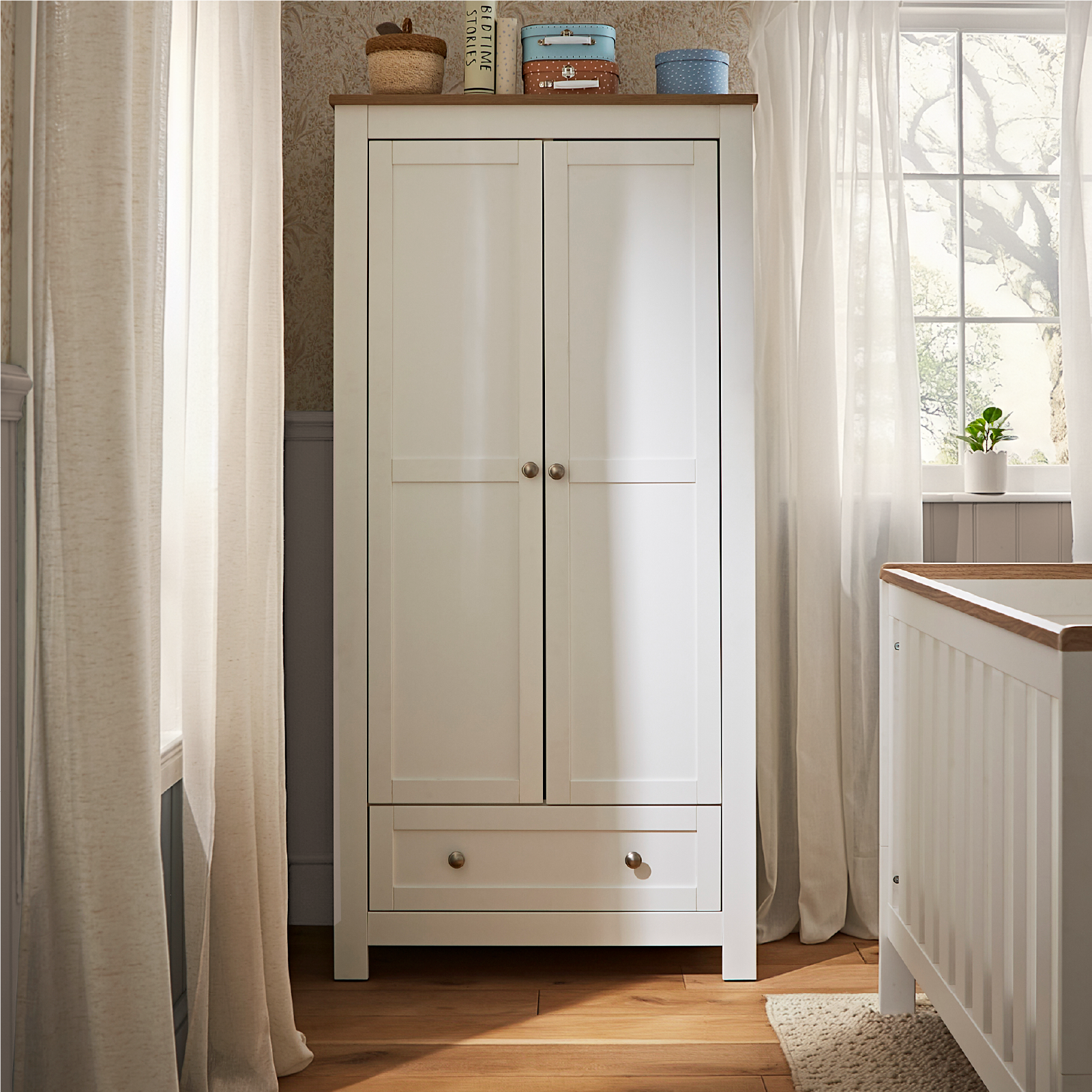 CuddleCo Burford wardrobe with 2 doors and 1 drawer, in white with oak trim.