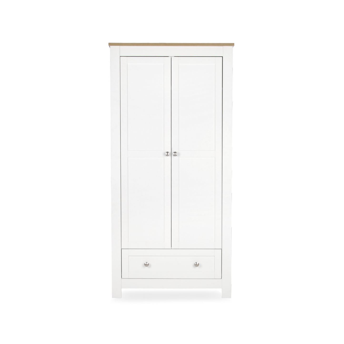 CuddleCo Burford wardrobe with 2 doors and 1 drawer, in white with oak trim.