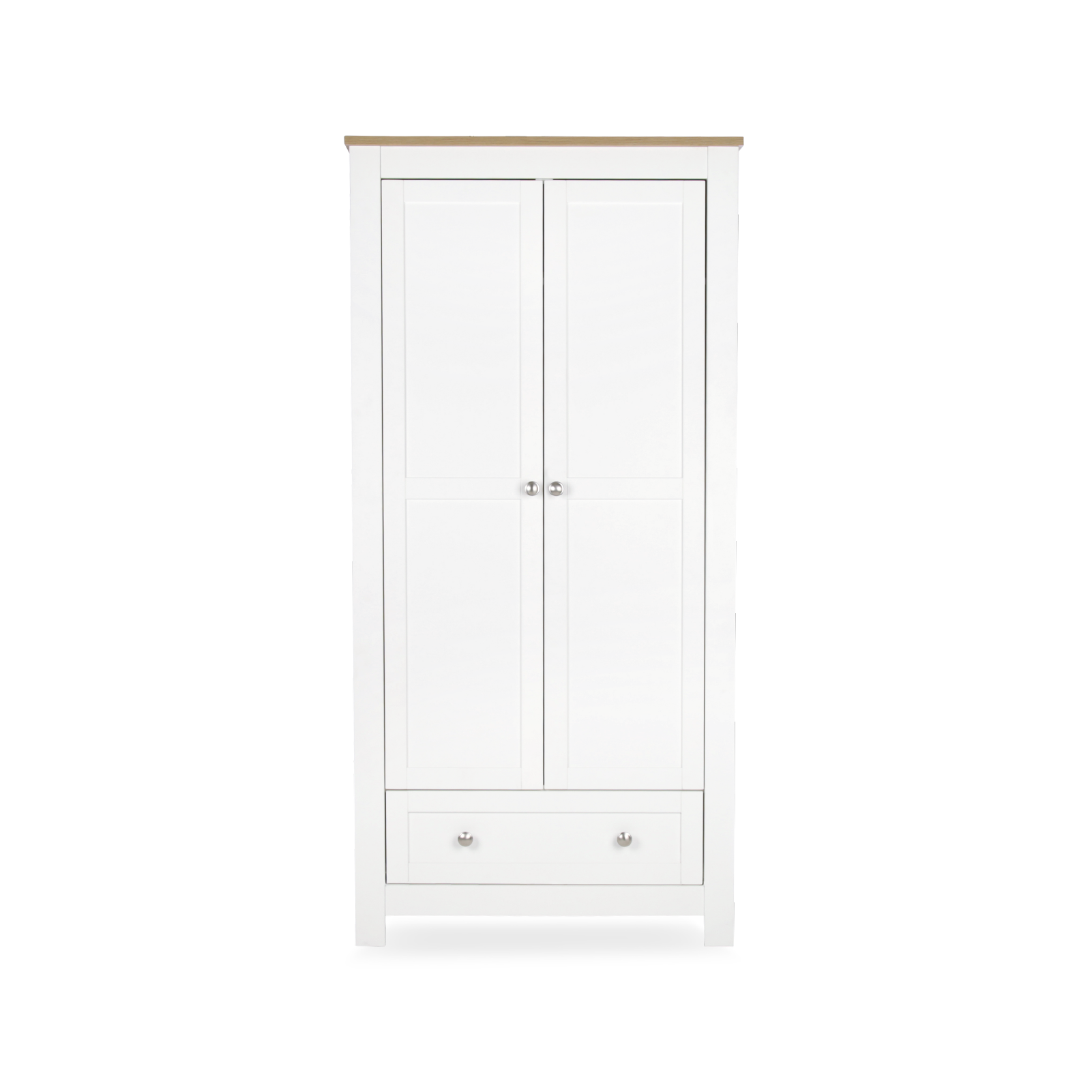 CuddleCo Burford wardrobe with 2 doors and 1 drawer, in white with oak trim.