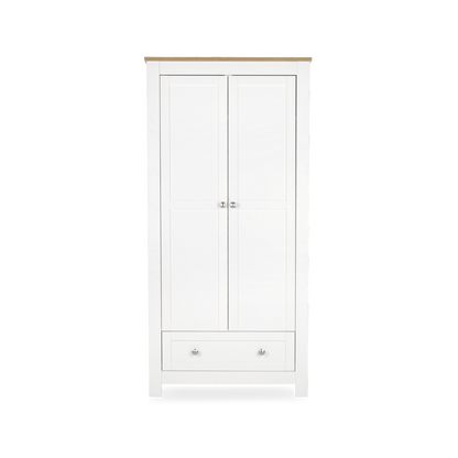 CuddleCo Burford wardrobe with 2 doors and 1 drawer, in white with oak trim.