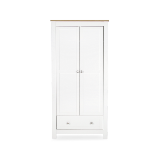 CuddleCo Burford wardrobe with 2 doors and 1 drawer, in white with oak trim.