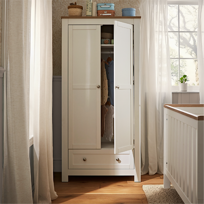 CuddleCo Burford wardrobe with 2 doors and 1 drawer, in white with oak trim.