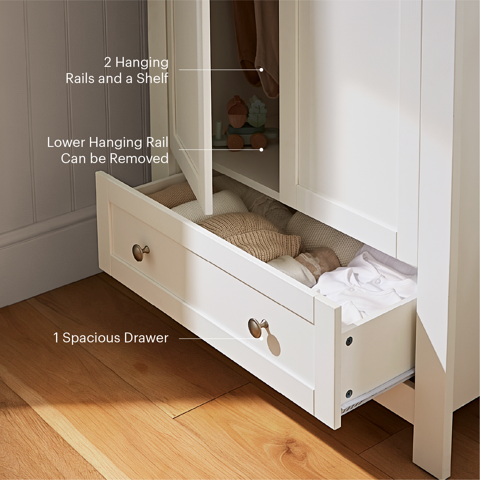 CuddleCo Burford wardrobe with 2 doors and 1 drawer, in white with oak trim.