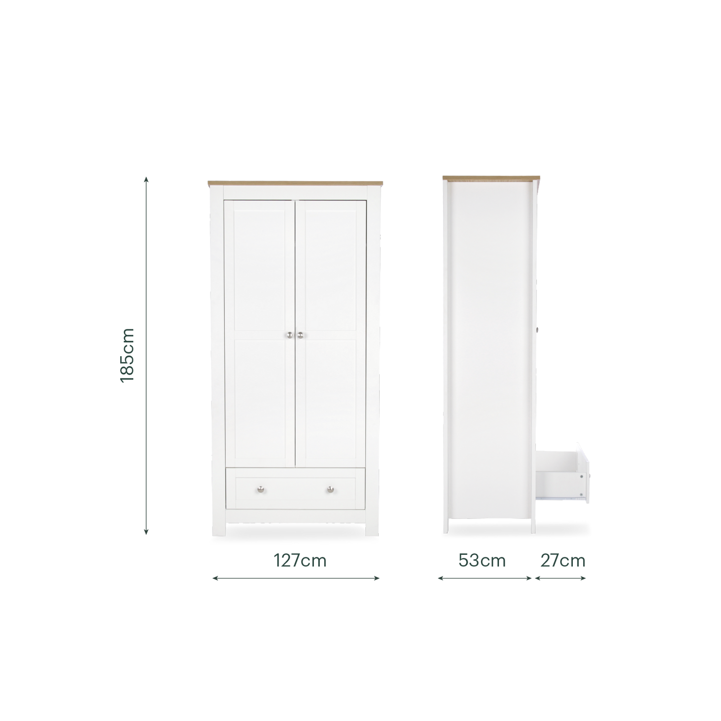 CuddleCo Burford wardrobe with 2 doors and 1 drawer, in white with oak trim.