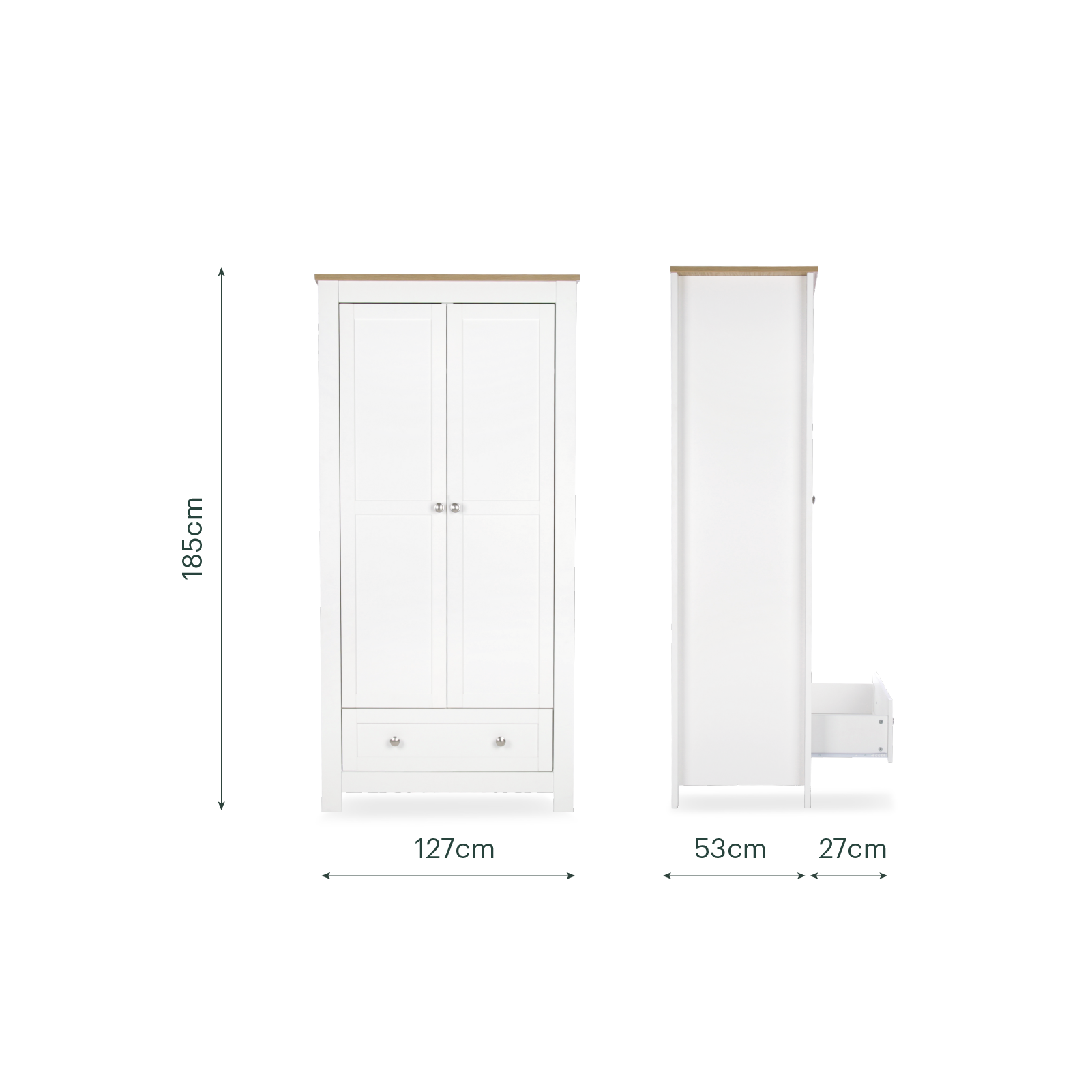 CuddleCo Burford wardrobe with 2 doors and 1 drawer, in white with oak trim.