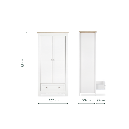CuddleCo Burford wardrobe with 2 doors and 1 drawer, in white with oak trim.