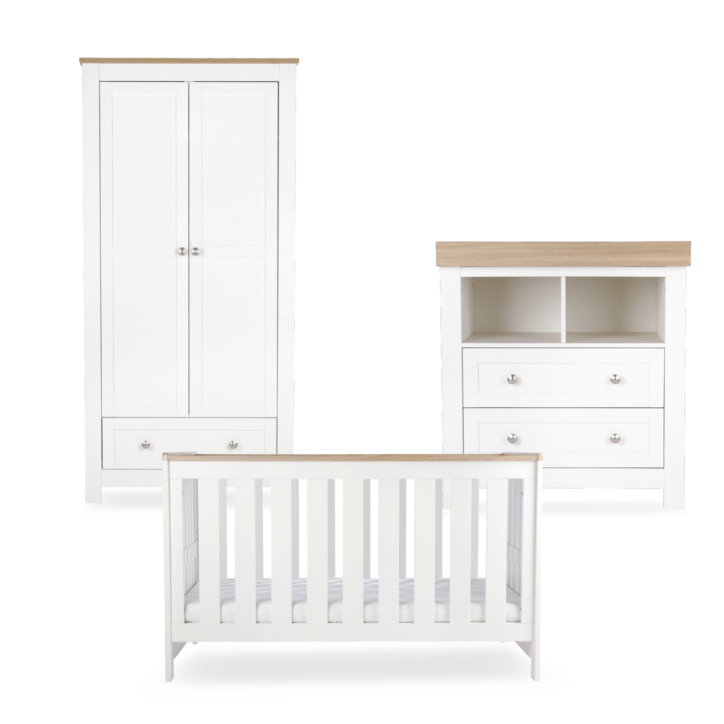 CuddleCo Burford 3 piece nursery furniture set in white with oak trim. Mattress not included.