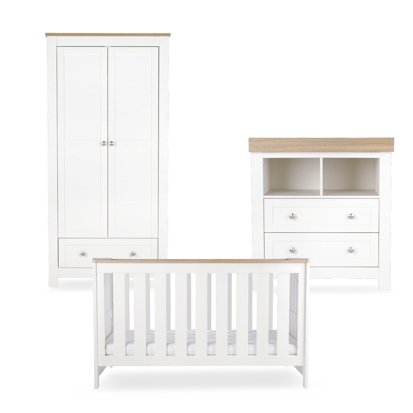 CuddleCo Burford 3 piece nursery furniture set in white with oak trim. Mattress not included.