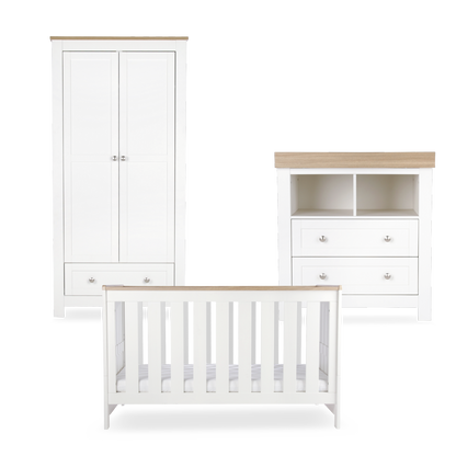 CuddleCo Burford 3 piece nursery furniture set in white with oak trim. Mattress not included.