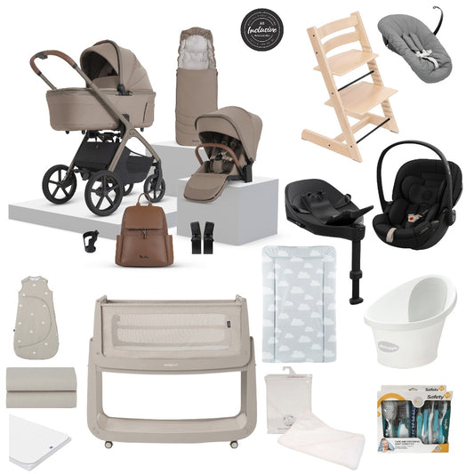 Silver Cross travel system in champagne beige colour with matching accessories, complete with cloud S car seat and base, along with high chair, crib and bathing accessories.