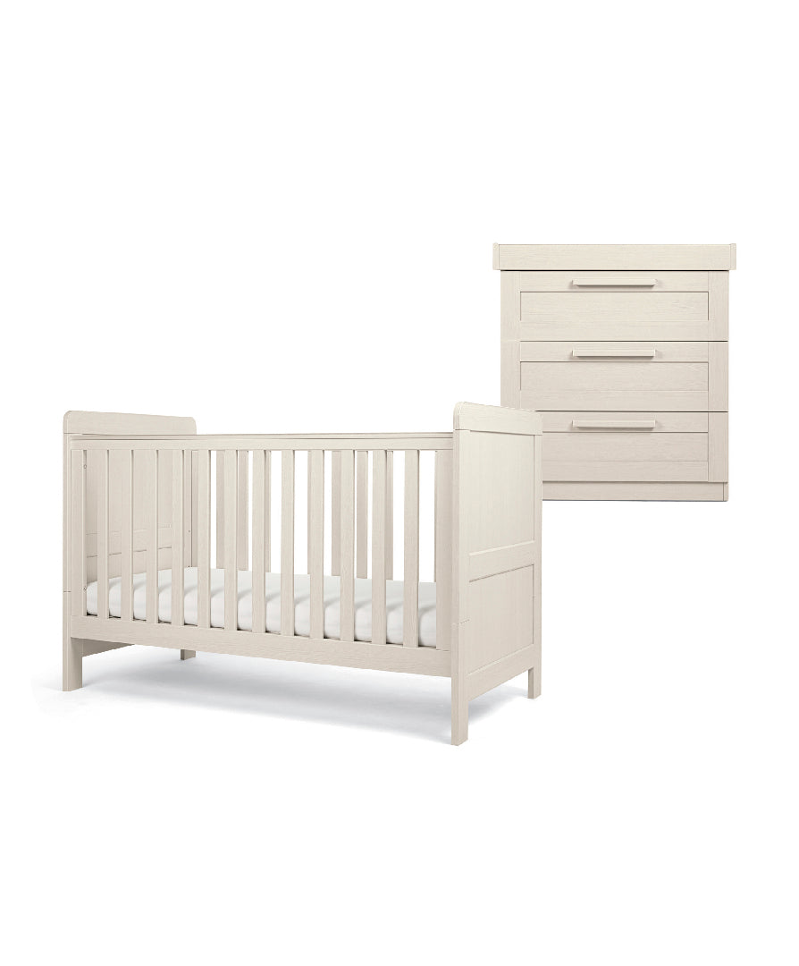Cot bed and dresser with 3 drawers in stone colour.