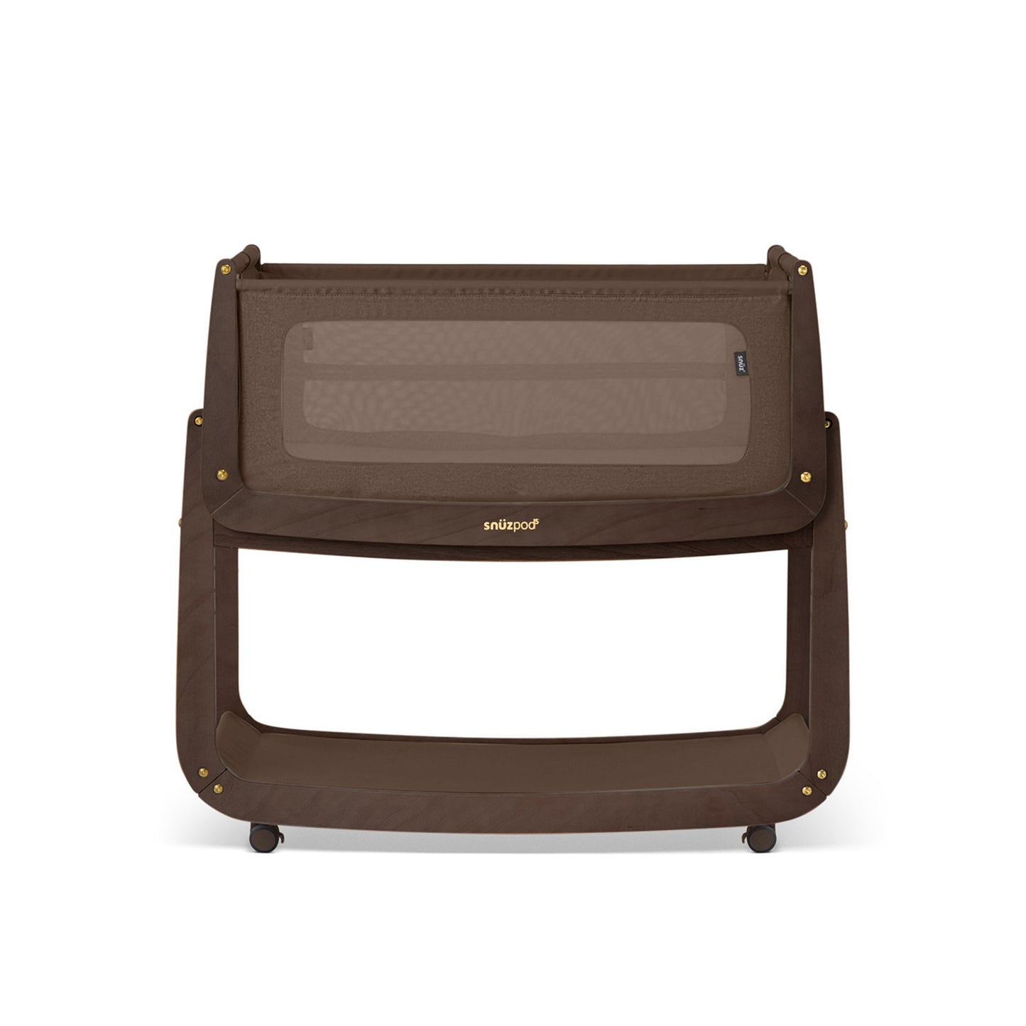 A choclate brown Snuzpod5 bedside crib designed for infants, showcasing a modern and safe sleeping environment.