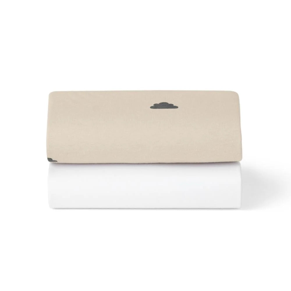 Snuz fitted sheets to fit a moses basket or pram in sand colour with cloud print.