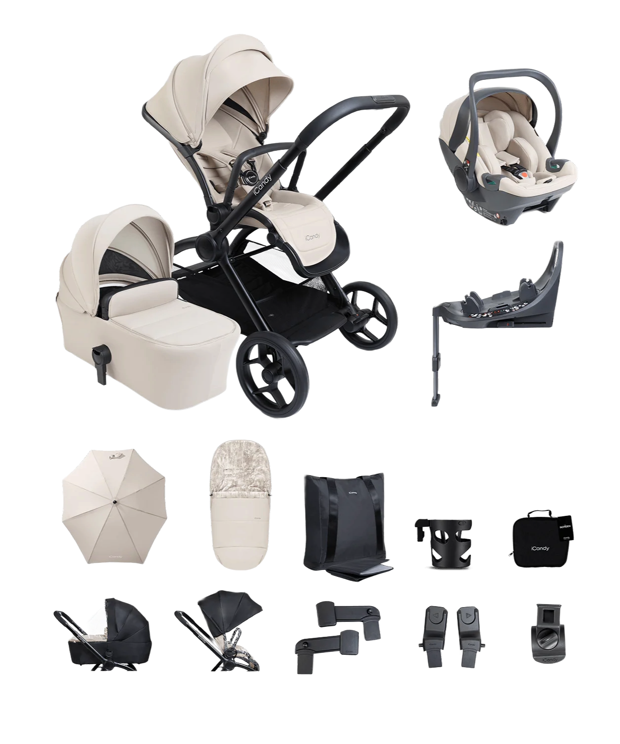 iCandy core 2 pushchair and accessory bundle in sandstone colour way with 360 car seat and base.