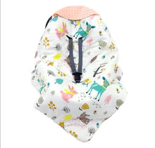 Little Loves 3 point car seat blanket in woodland animals print.