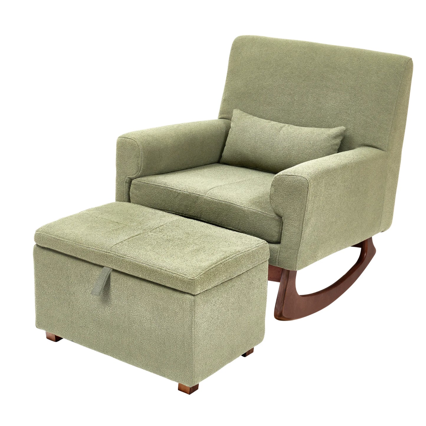 Fabric rocking chair featuring a lumbar cushion and low arms, designed for comfort while feeding a baby.