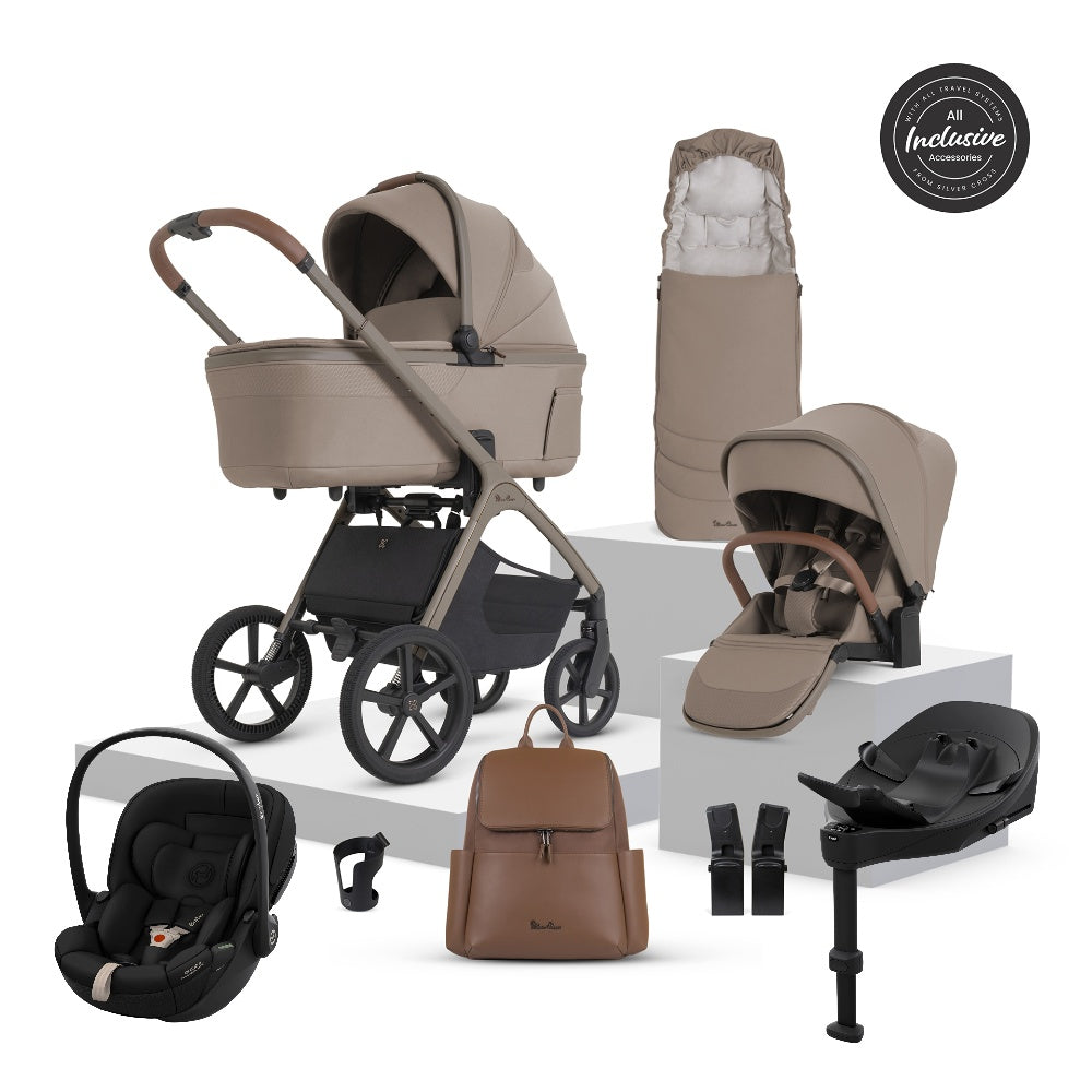 Silver Cross Cove 2 travel system in champagne beige colour, complete with matching accessories and cybex cloud S car seat and isofix base.