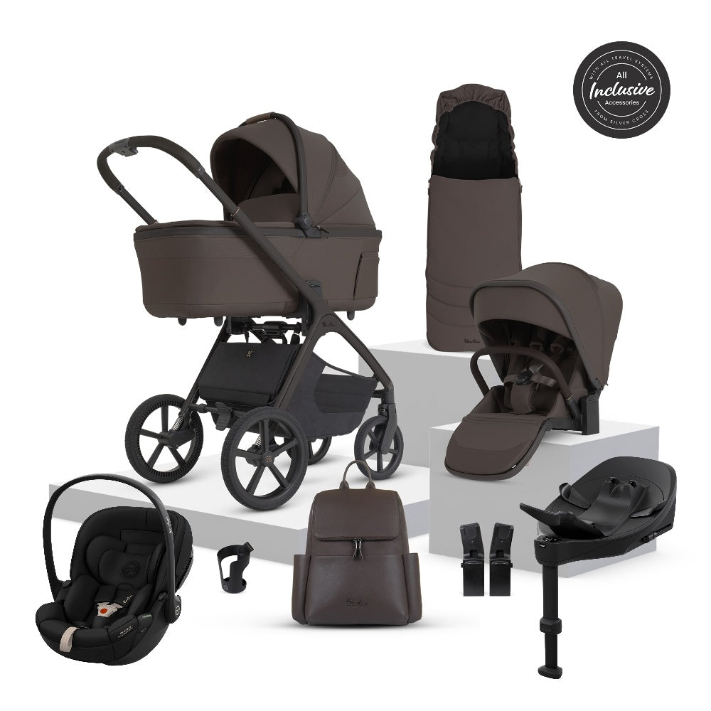 Silver Cross Cove 2 travel system in chocolate brown colour, complete with matching accessories and cybex cloud S car seat and isofix base.