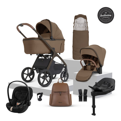 Silver Cross Cove 2 travel system in maple brown colour, complete with matching accessories and cybex cloud S car seat and isofix base.