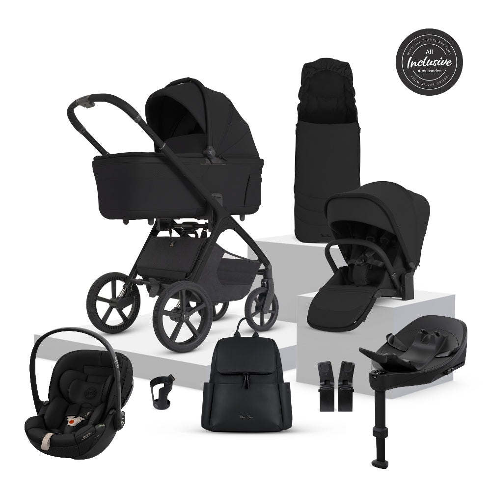 Silver Cross Cove 2 travel system in onyx black colour, complete with matching accessories and cybex cloud S car seat and isofix base.