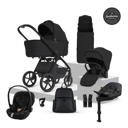 Silver Cross Cove 2 travel system in onyx black colour, complete with matching accessories and cybex cloud S car seat and isofix base.