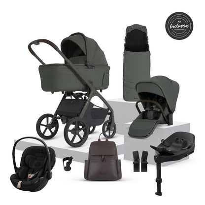 Silver Cross Cove 2 travel system in pewter green colour, complete with matching accessories and cybex cloud S car seat and isofix base.