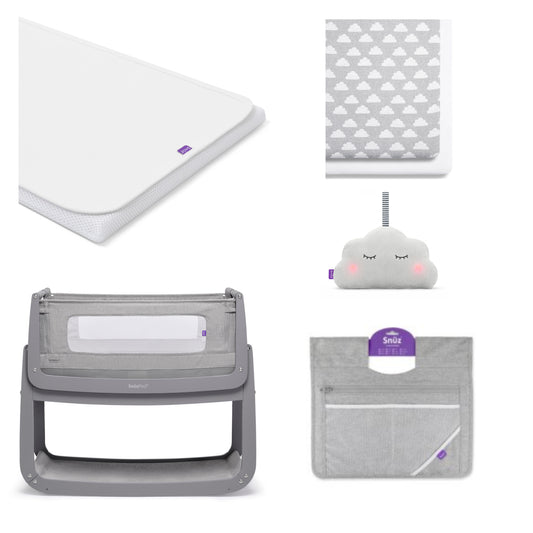 SnuzPod4 crib with a pack of crib sheets, cloud, mattress protector and a storage pocket