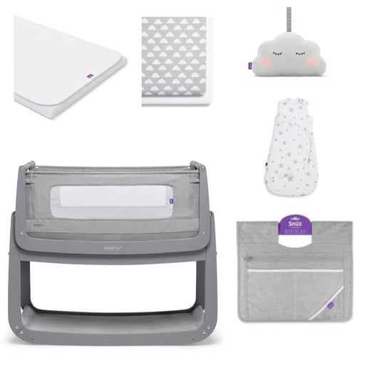 SnuzPod4 crib with a pack of crib sheets, cloud, mattress protector, storage pocket and pouch