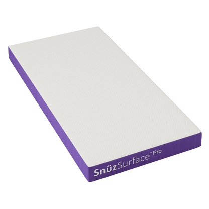 Cot bed with adjustable heights in stone colour, complete with snuz pro mattress.