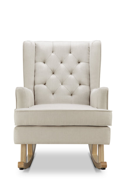 A high back natural rocking chair upholstered fabric, featuring a tufted back and sturdy hardwood legs.