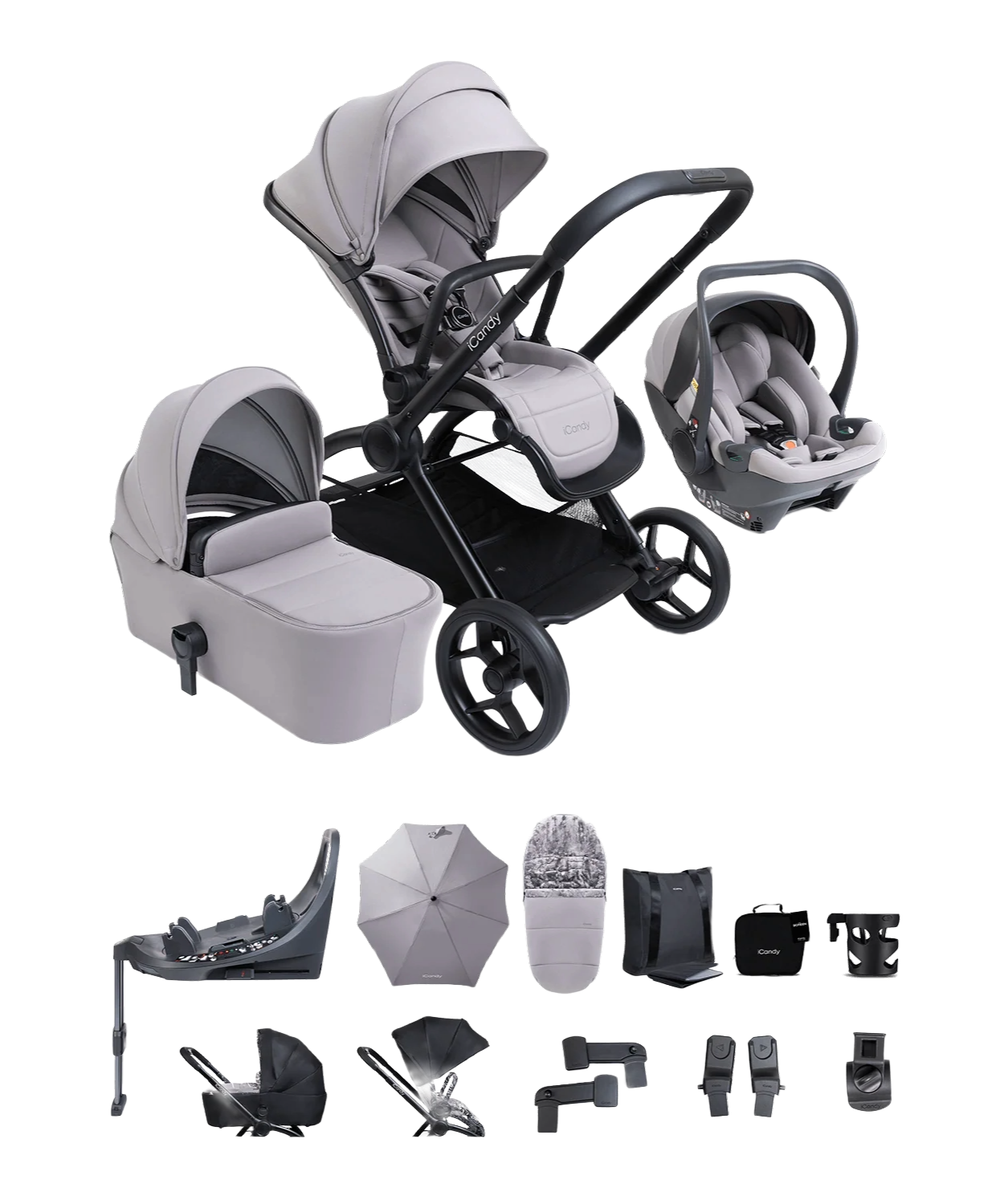 iCandy core 2 pushchair and accessory bundle in storm grey colour way with 360 car seat and base.