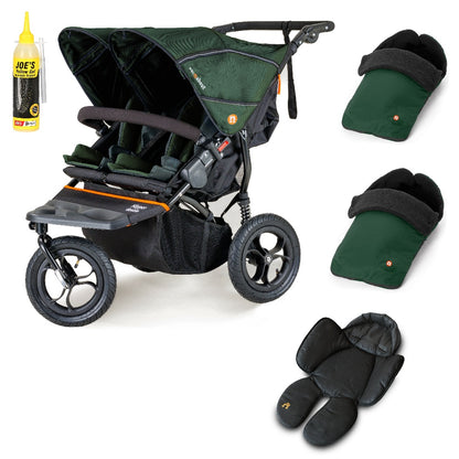 Out N About double nipper in sycamore green with 2 footmuffs and 1 newborn insert.