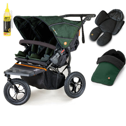 Out N About double nipper in sycamore green with 1 footmuff and 1 newborn insert.