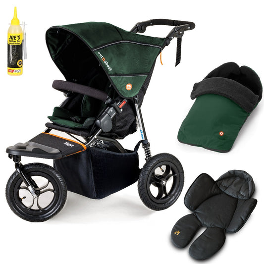 Out N About single nipper in sycamore green with footmuff and newborn insert.