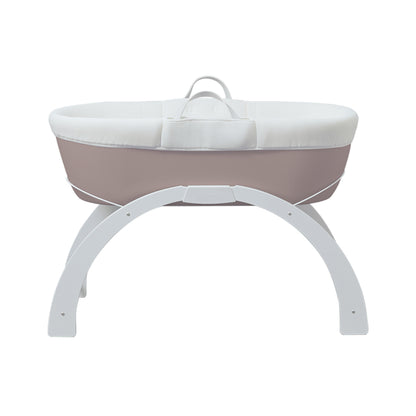 Dreamy moses basket in taupe resting on stand