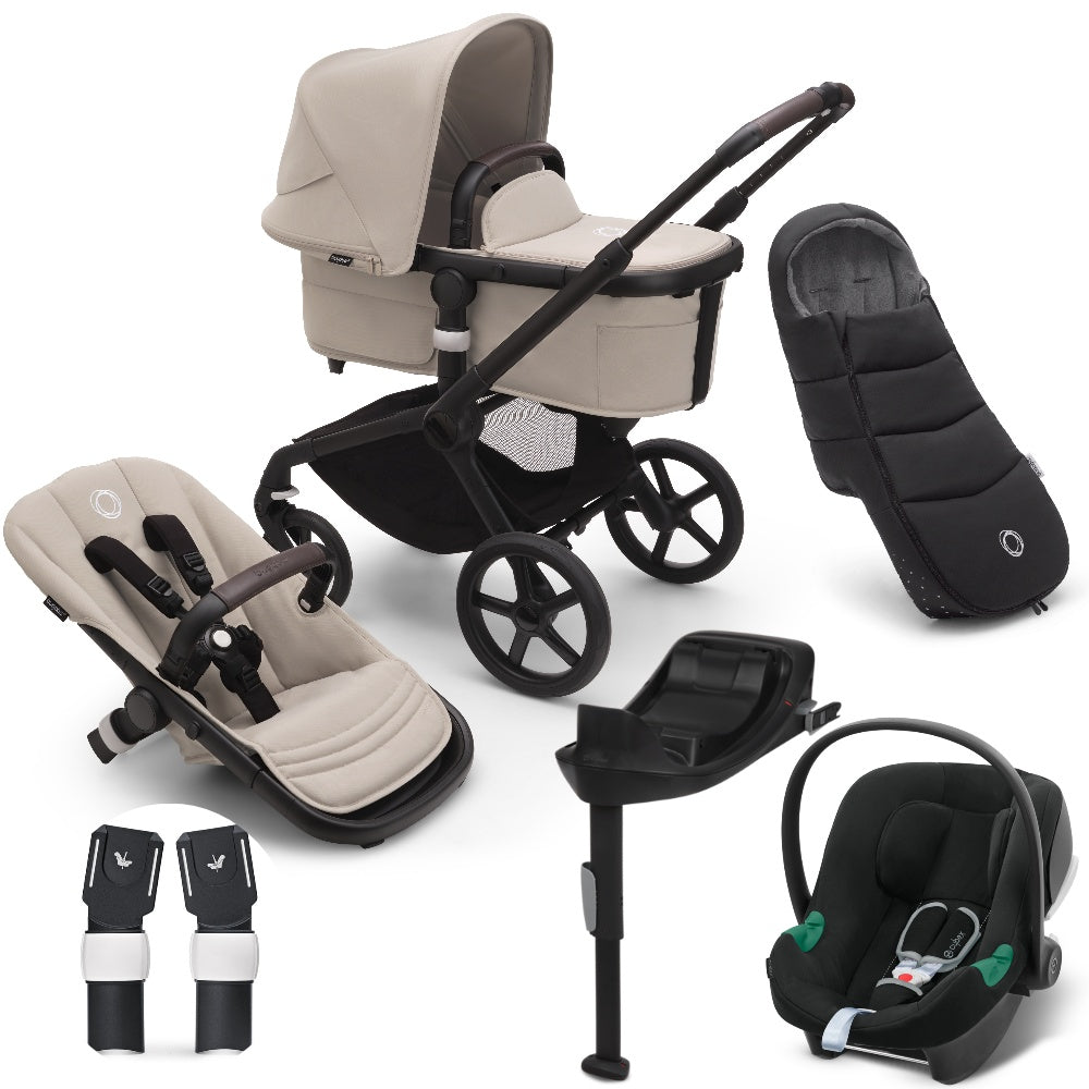 Bugaboo Fox 5 in taupe complete, with aton B2 car seat, base, and footmuff.