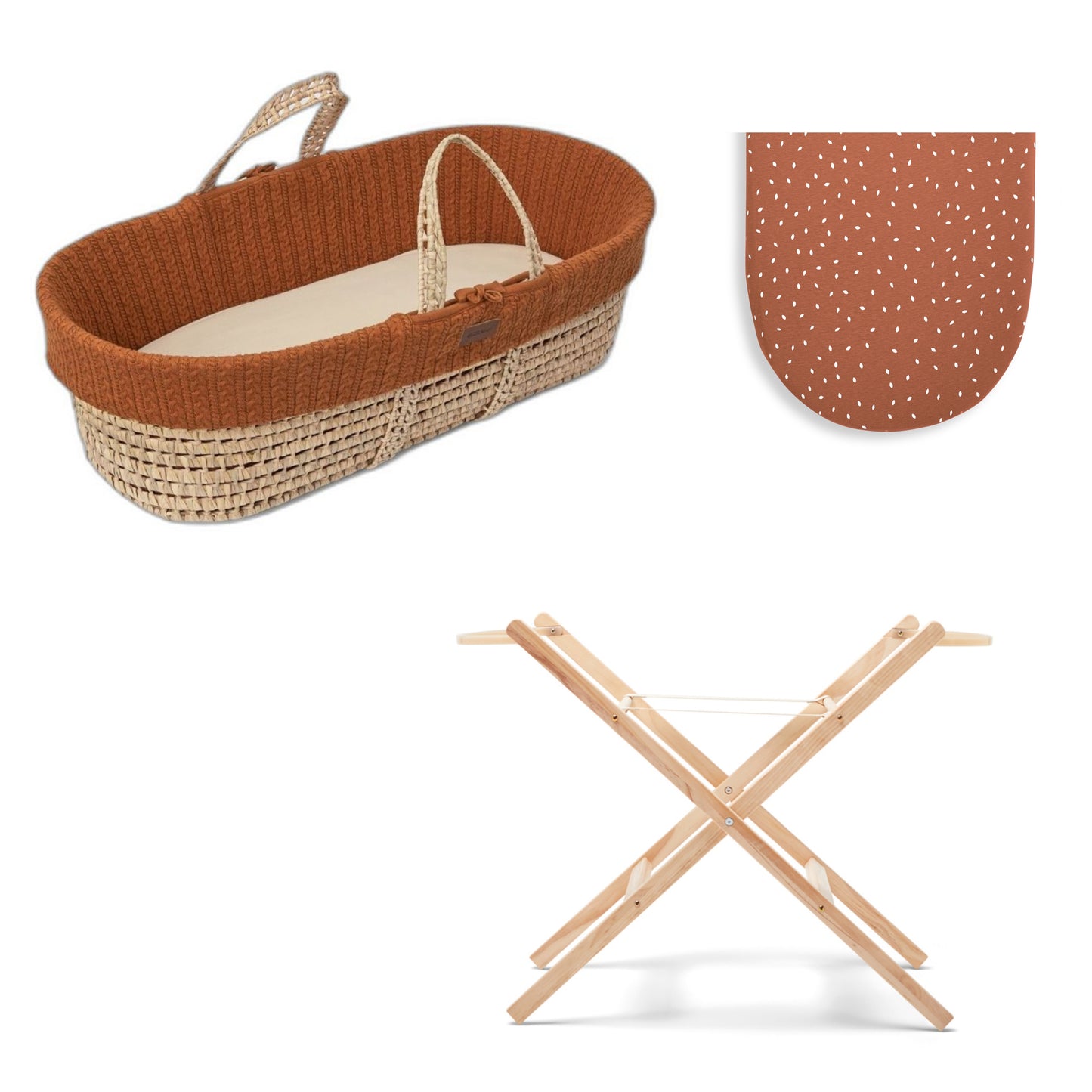 Moses Basket Bundle in terracotta with stand and sets of sheets