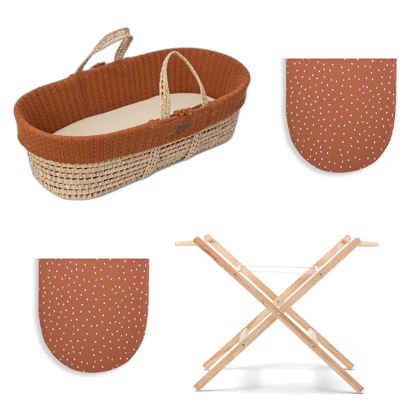 Moses Basket Bundle in terracotta with stand and 2 sets of sheets