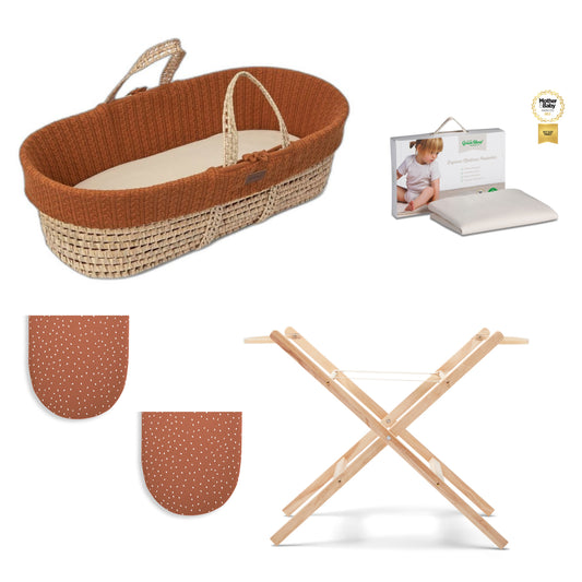 Moses Basket Bundle in terracotta with stand, protector and  2 sets of sheets