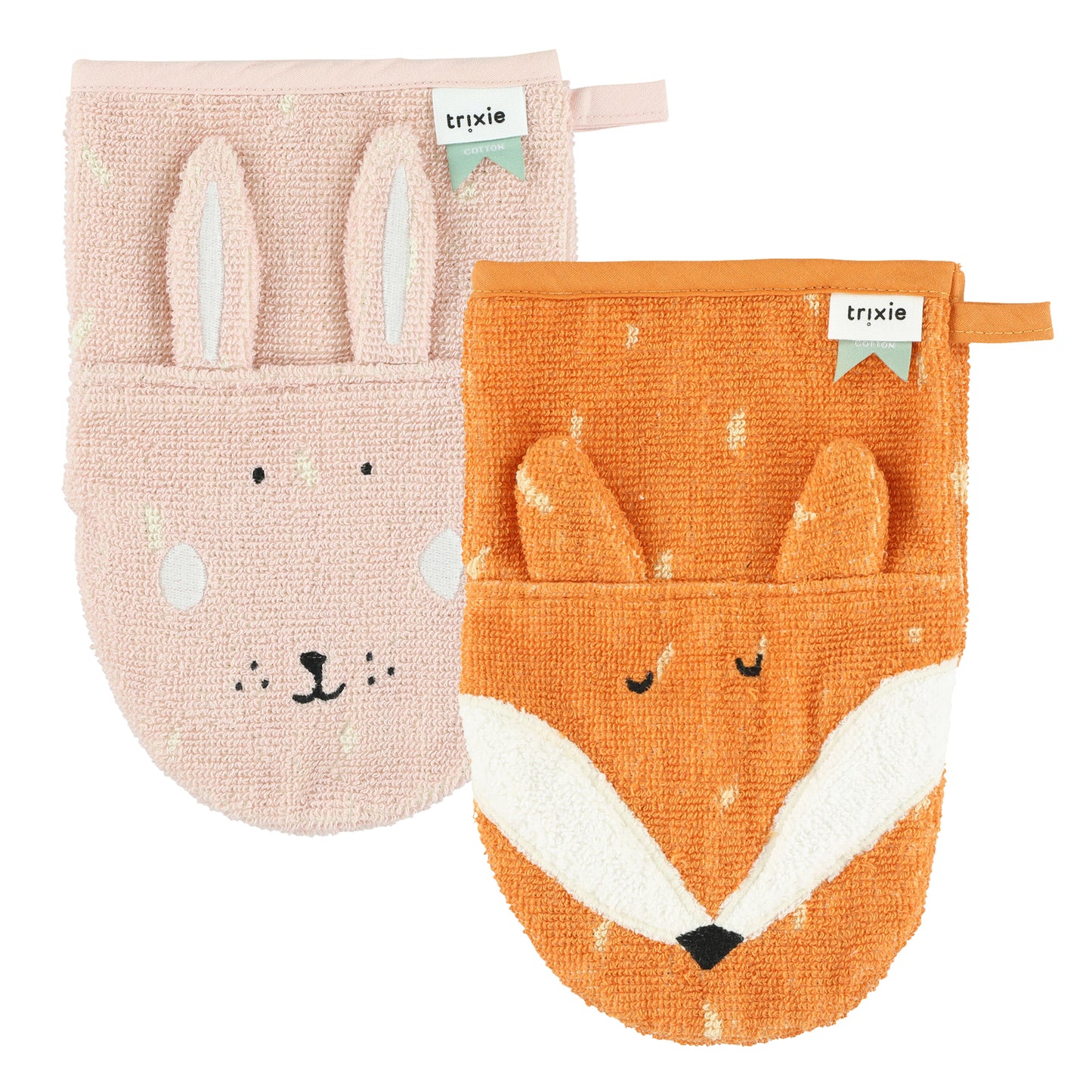 A pair of washable mitts made from organic cotton, showcasing a charming design for animal lovers